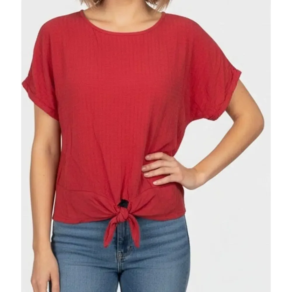 Buffalo David Bitton Womens Large Red Cap Sleeve Tie Waist Top 100% Viscose - Picture 3 of 12